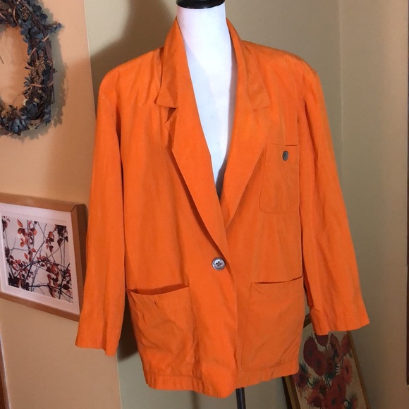 VINTAGE’80s Anne Klein II Size Medium 100% Silk Vivid Orange Longline Blazer - Picture 15 of 16